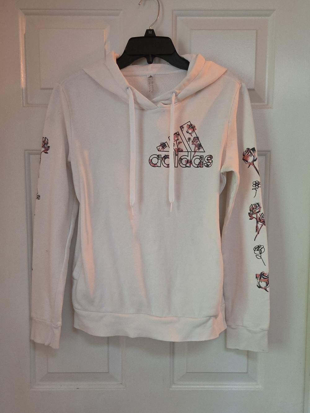 adidas White Hoodie with Floral Logo and Sleeve Roses